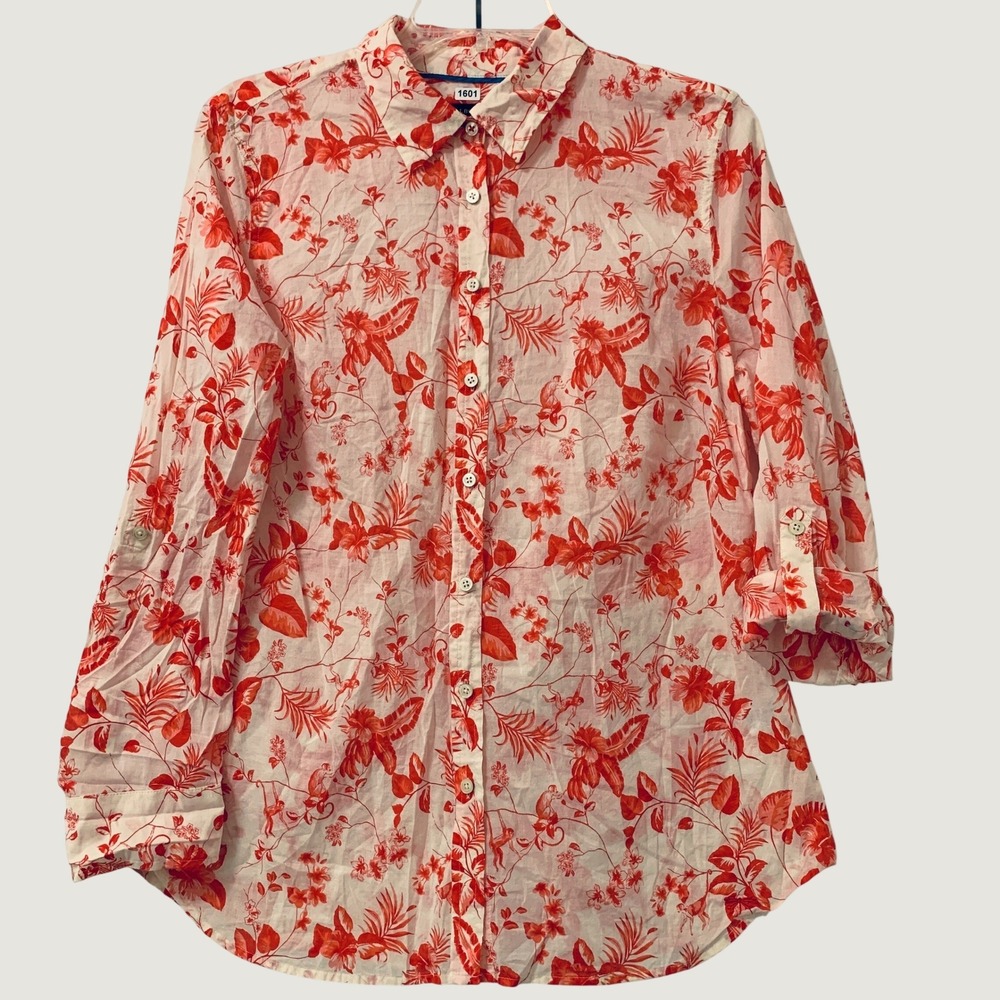 Talbots Cotton Shirt Women L Red White Tropical Print Roll Tab Lightweight Top